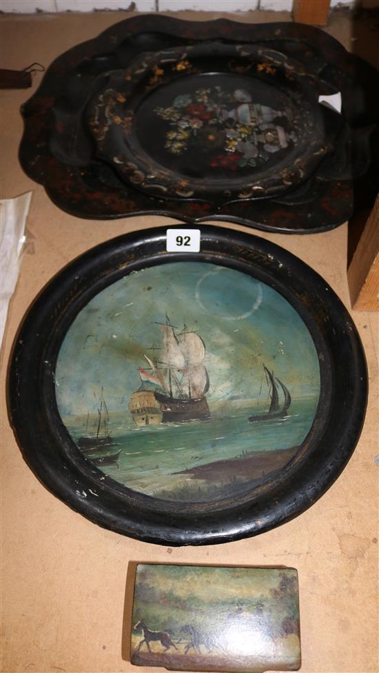 3 decorated papier mache trays and a snuff box